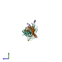 PDB entry 3ku3 coloured by chain, side view.