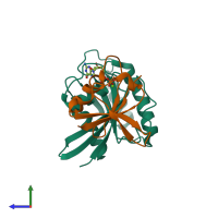 PDB entry 3kud coloured by chain, side view.