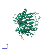 PDB entry 3kux coloured by chain, side view.