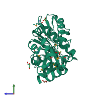 PDB entry 3kv1 coloured by chain, side view.