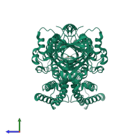 Homo dimeric assembly 2 of PDB entry 3kv9 coloured by chemically distinct molecules, side view.