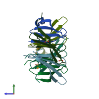PDB entry 3kvp coloured by chain, side view.