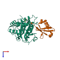 PDB entry 3kw5 coloured by chain, top view.