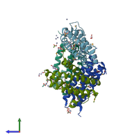 PDB entry 3kwo coloured by chain, side view.