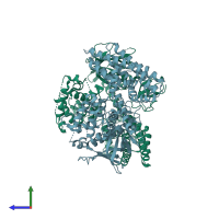 PDB entry 3ky9 coloured by chain, side view.