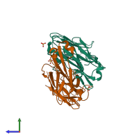 PDB entry 3kyk coloured by chain, side view.