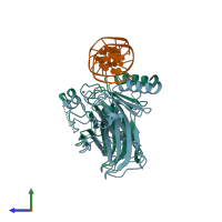 PDB entry 3kz8 coloured by chain, side view.