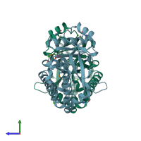 PDB entry 3kzp coloured by chain, side view.