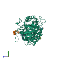 Monomeric assembly 1 of PDB entry 3l2l coloured by chemically distinct molecules, side view.