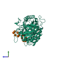 Monomeric assembly 1 of PDB entry 3l2m coloured by chemically distinct molecules, side view.