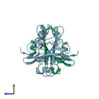 PDB entry 3l5z coloured by chain, side view.