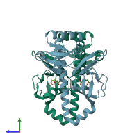 PDB entry 3la2 coloured by chain, side view.