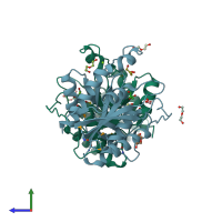 PDB entry 3lac coloured by chain, side view.