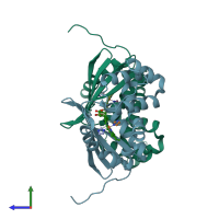 PDB entry 3lah coloured by chain, side view.