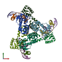 PDB entry 3laj coloured by chain, front view.