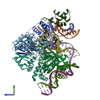 PDB entry 3laj coloured by chain, side view.