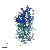 PDB entry 3lao coloured by chain, side view.