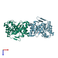 PDB entry 3lb0 coloured by chain, top view.