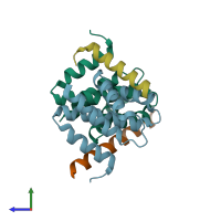 PDB entry 3lcn coloured by chain, side view.