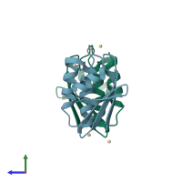 PDB entry 3le1 coloured by chain, side view.