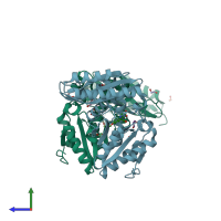 PDB entry 3le8 coloured by chain, side view.