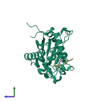 Monomeric assembly 1 of PDB entry 3lea coloured by chemically distinct molecules, side view.