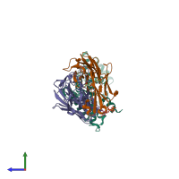 PDB entry 3lev coloured by chain, side view.