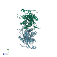 PDB entry 3lfv coloured by chain, side view.