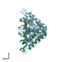 PDB entry 3lj9 coloured by chain, side view.