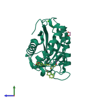 PDB entry 3ljt coloured by chain, side view.