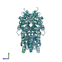 PDB entry 3lkb coloured by chain, side view.