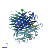 PDB entry 3lkj coloured by chain, side view.