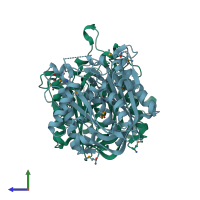 PDB entry 3lm6 coloured by chain, side view.