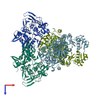 PDB entry 3lmm coloured by chain, top view.