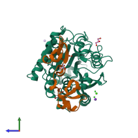 PDB entry 3lms coloured by chain, side view.