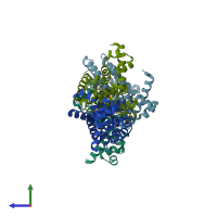 PDB entry 3loc coloured by chain, side view.