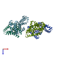 PDB entry 3loc coloured by chain, top view.