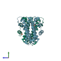 PDB entry 3lom coloured by chain, side view.