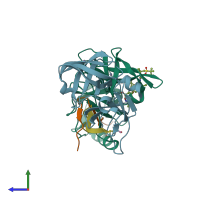PDB entry 3lon coloured by chain, side view.