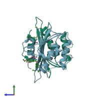 PDB entry 3lp3 coloured by chain, side view.