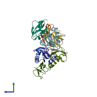 PDB entry 3lpe coloured by chain, side view.