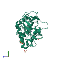 PDB entry 3lq0 coloured by chain, side view.