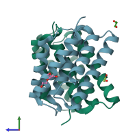 PDB entry 3lrd coloured by chain, side view.