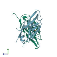PDB entry 3lrg coloured by chain, side view.