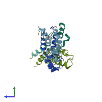 PDB entry 3lrq coloured by chain, side view.