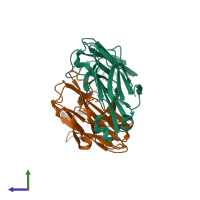 PDB entry 3ls5 coloured by chain, side view.