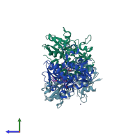 PDB entry 3lsf coloured by chain, side view.