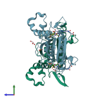 PDB entry 3lt5 coloured by chain, side view.