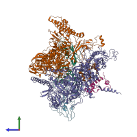 PDB entry 3lu0 coloured by chain, side view.