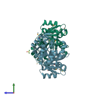 PDB entry 3luf coloured by chain, side view.